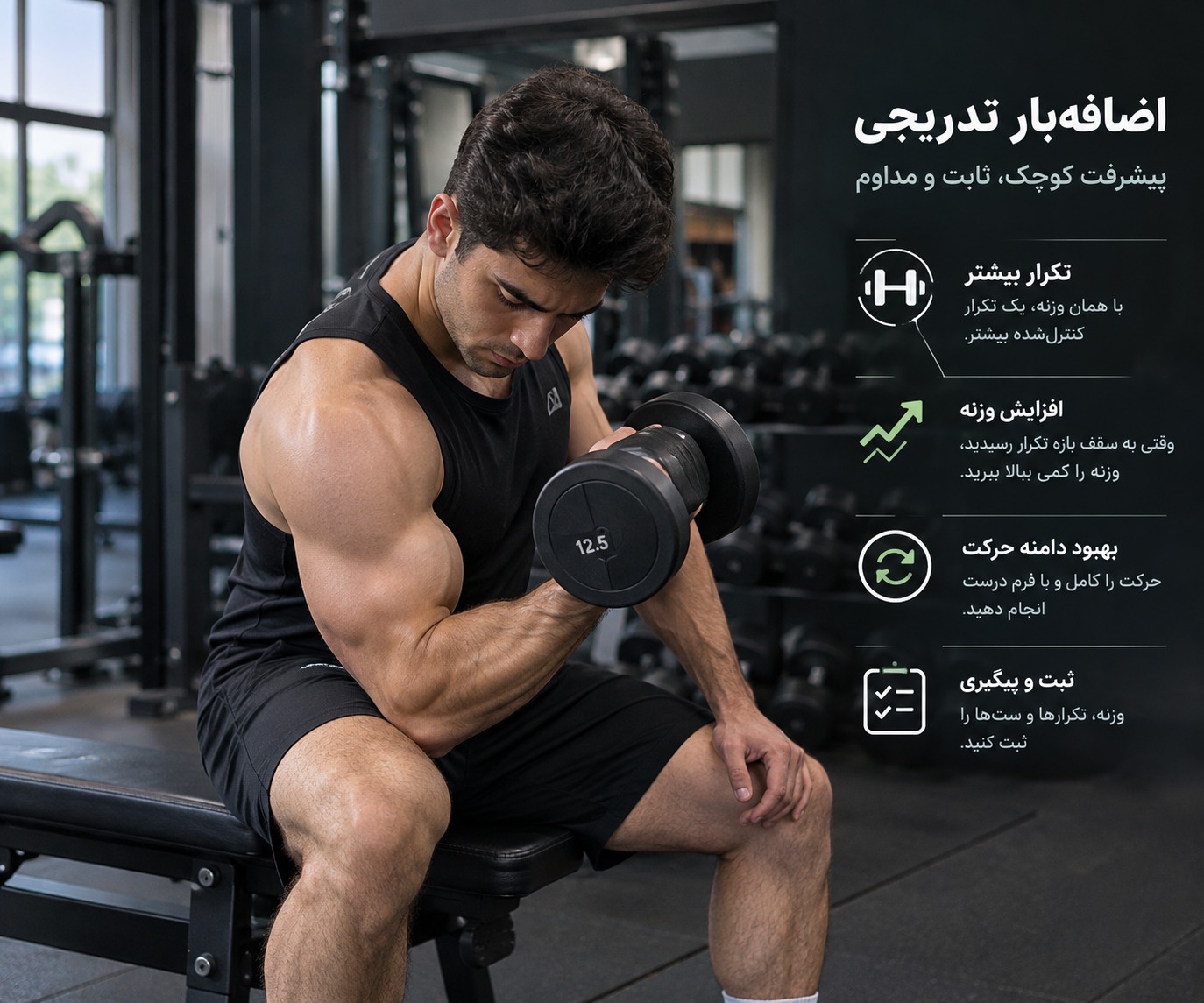 ورزشکار مرد در حال تمرین جلو بازو با دمبل و نکات اضافهبار تدریجی